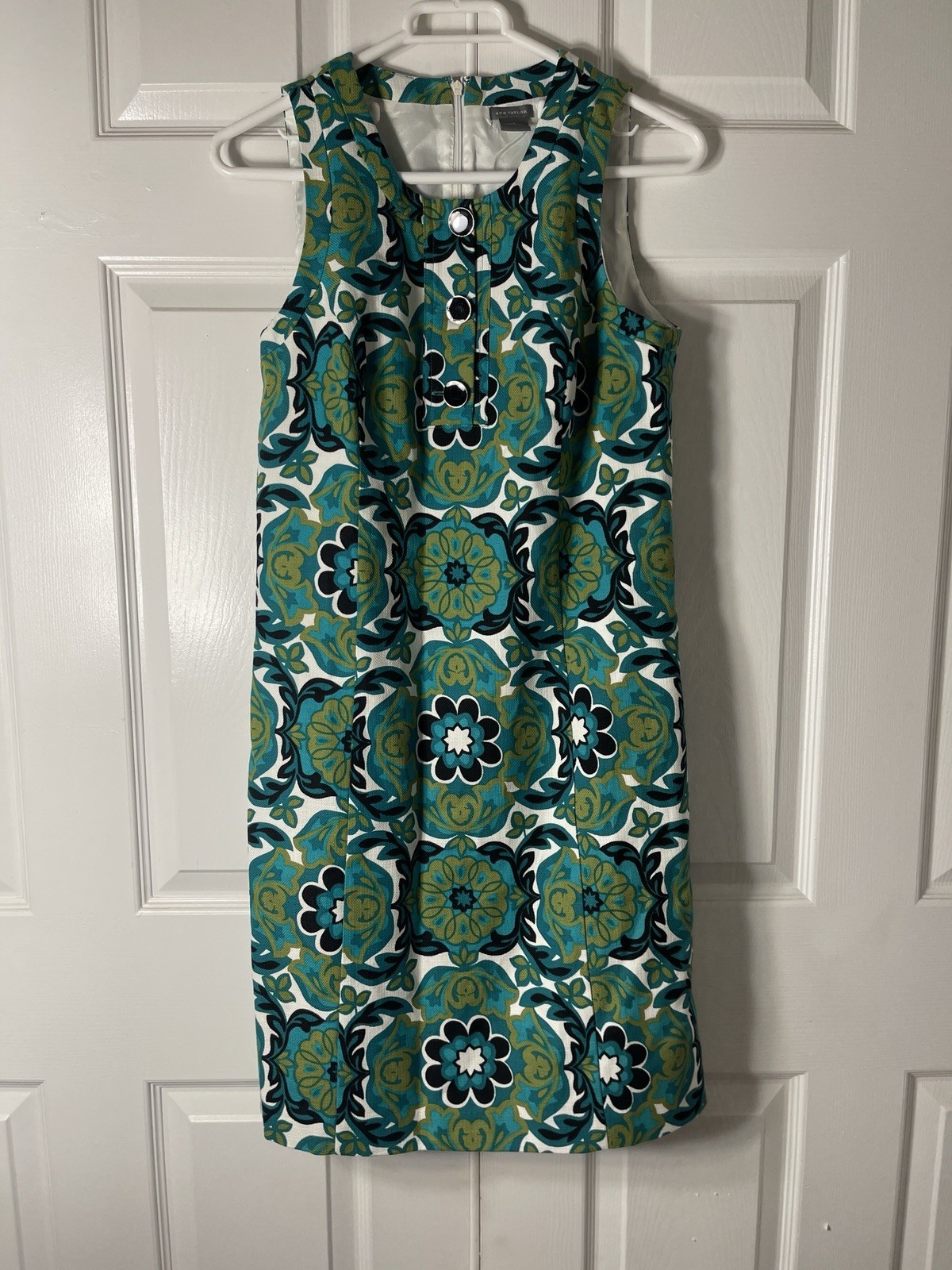Ann Taylor Womens Size 6 Blue Green Floral Shift Dress Retro Mod Sleeveless