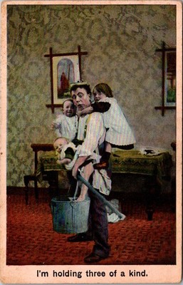 Humorous illustration titled 'I'm holding three of a kind.' It depicts Postcard