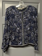 SCALA Vintage Silk Heavy Beaded Jacket Floral Design Hand Embellished Size XL