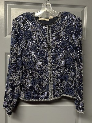 SCALA Vintage Silk Heavy Beaded Jacket Floral Design Hand Embellished Size XL