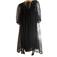 Vintage Peignoir Set Black 1960s Nylon Tricot Lace Pearl Nightgown Robe M