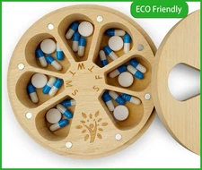 Wood Weekly Pill Organizer Case Box Container Holder for Medicine Vitamin