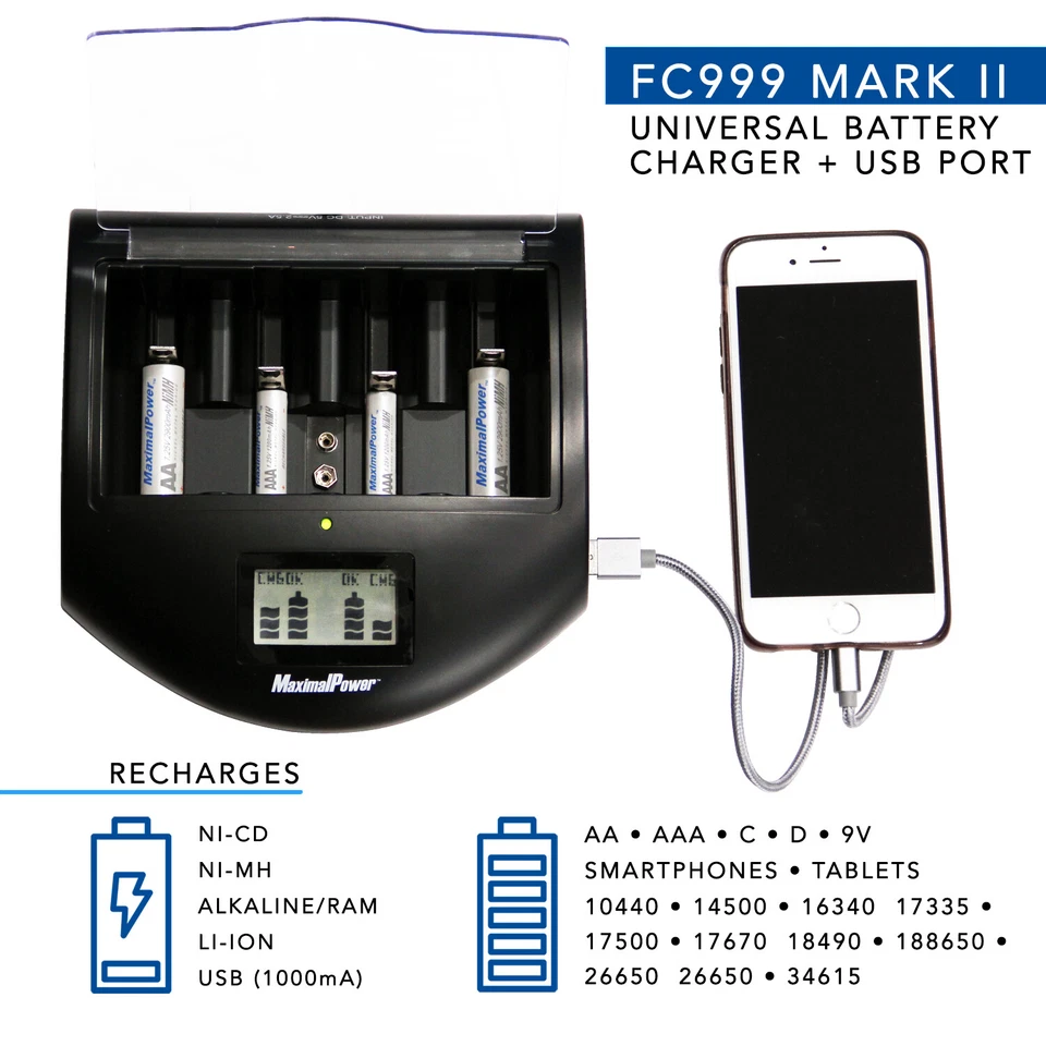 FC999 Mark II Smart Charger Li-ion/Alkaline/NiMh/ AA AAA AAAA C D w/ USB Port - Image 3 of 4