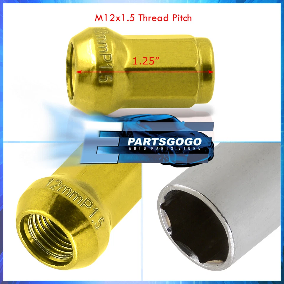 20 Piece M12 X 1.5mm Closed End Acorn Wheel Rims Lug Nuts Steel Gold + Lock Key Foto 2 de 3