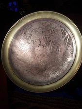 Antique hand chased copper-brass pedestal bowl Solid forest/farmers/cows