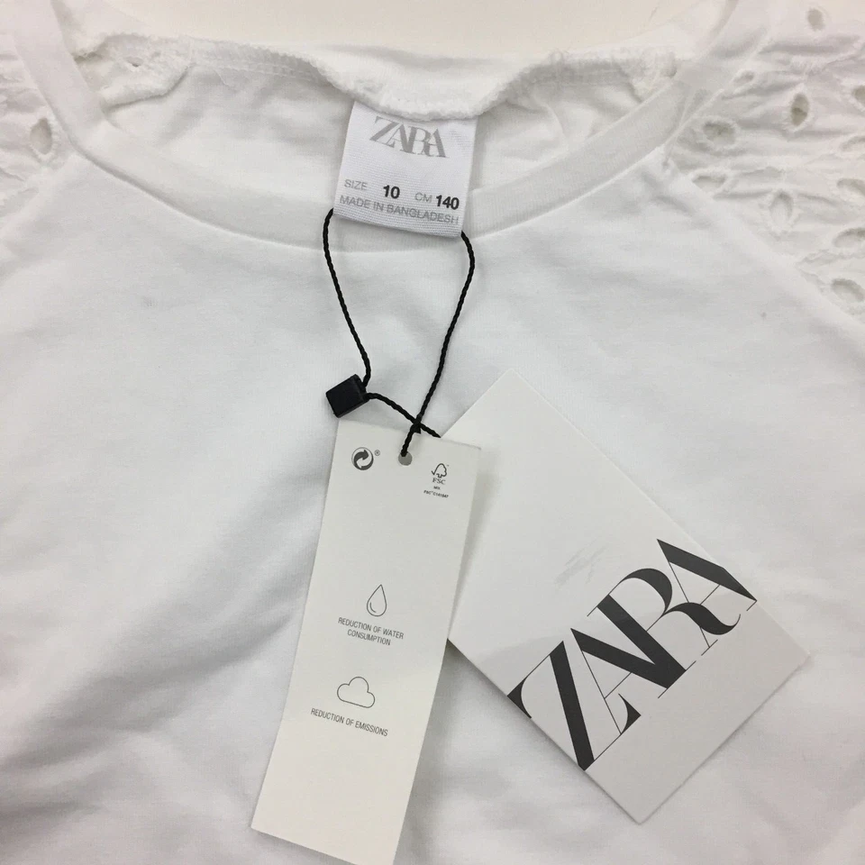 NWT ZARA Girls sz 10 White Eyelet Insert Puffed Short Sleeve Mixed Media Shirt - Image 2 of 4