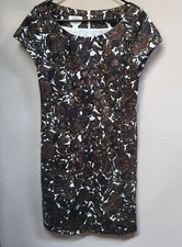 Talbots Women's Size 10 Scoop Neck Stretch Fitted Brown Floral Dress Pockets