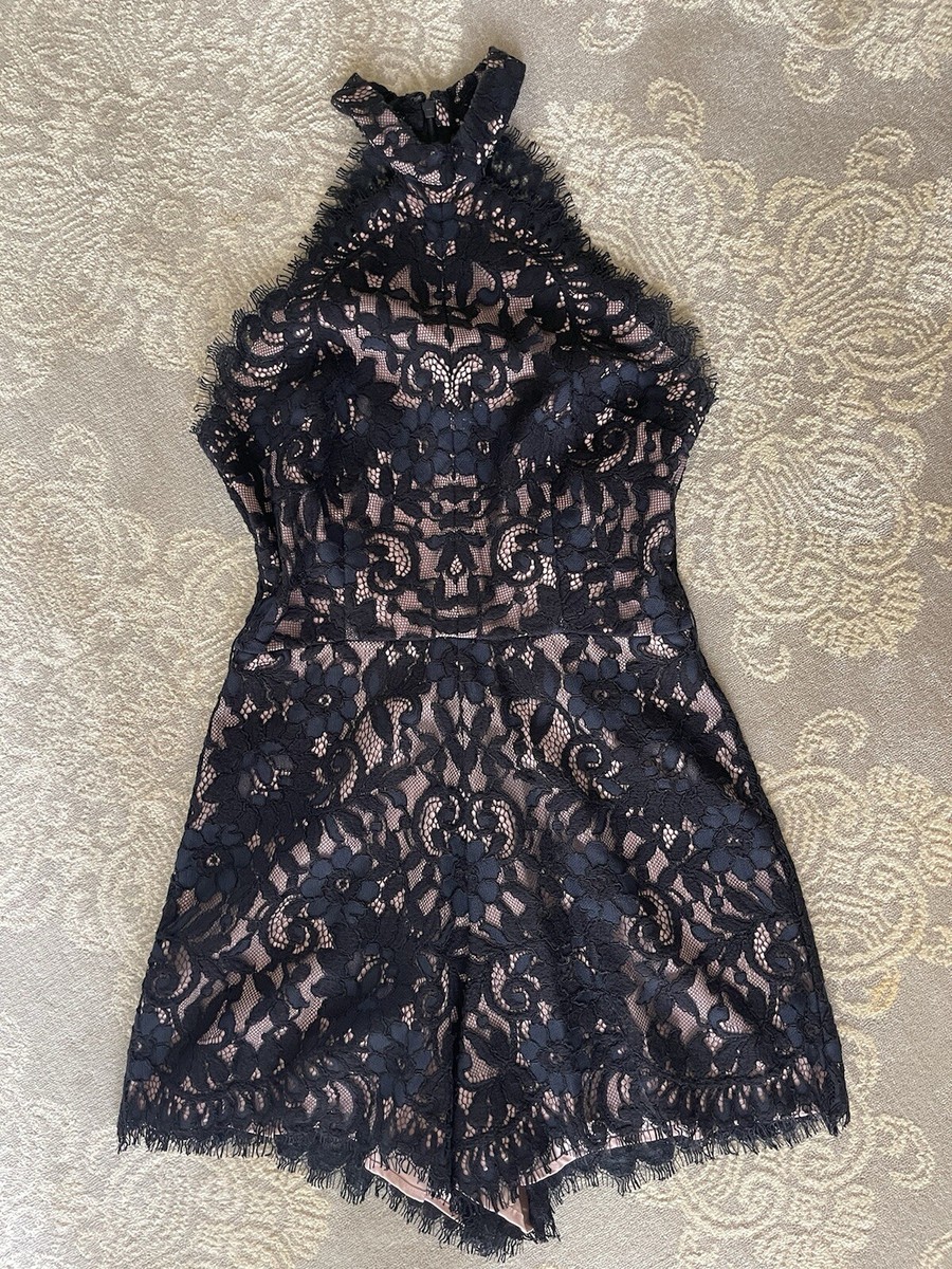 ALEXIS Black Lace Halter Round Collar Sleeveless Romper Size Small