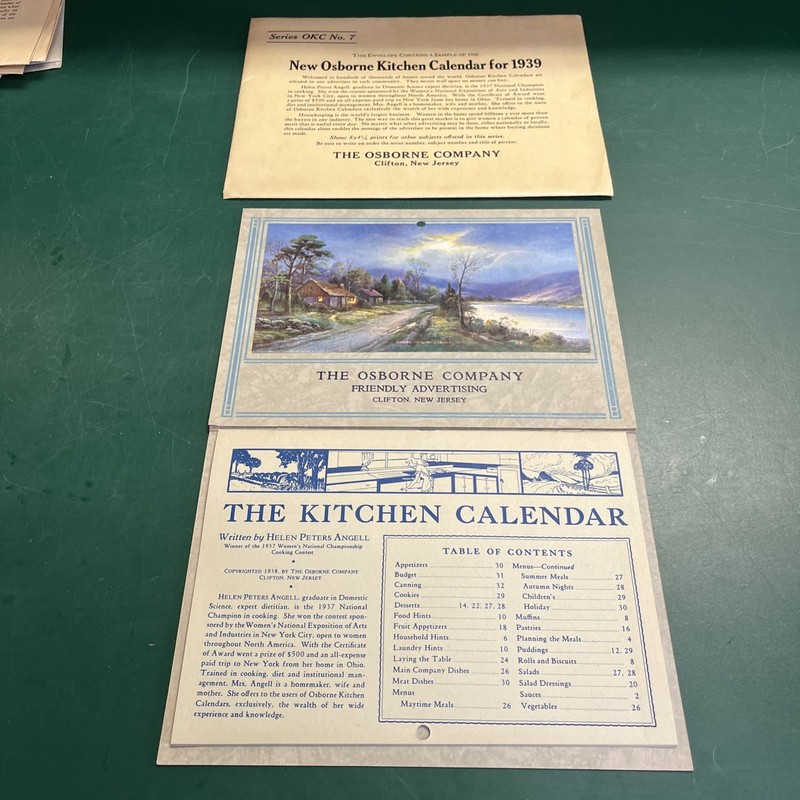 1939 Promo Sample Kitchen Advertising Calendar  The Osborne Co. NJ w/Envelope