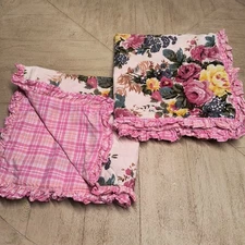 PAIR Ethan Allen Euro Pillow Shams Floral Cottage Rose With Pink Plaid Ruffle