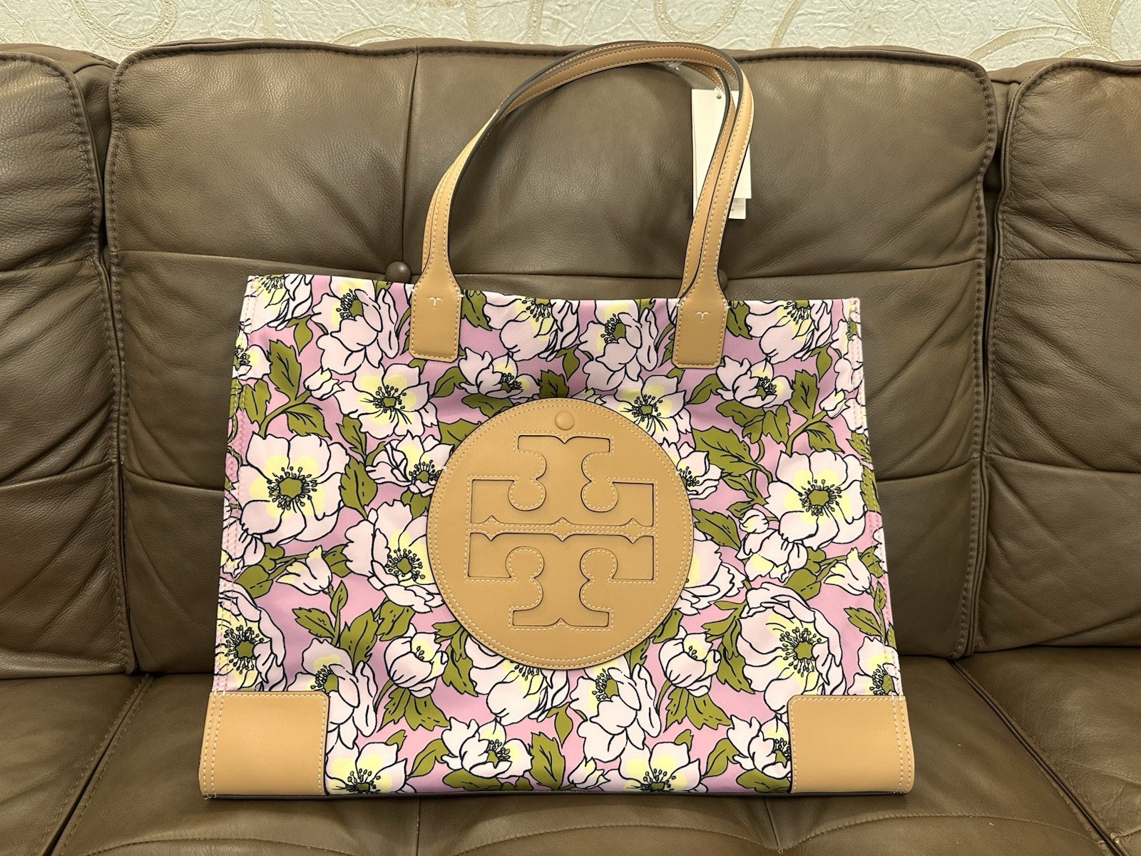 Tory Burch Ella Aster Pink Flower Nylon Leather Large Tote Bag