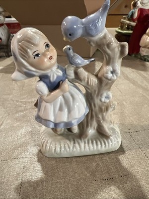 Girl with birds porcelain figurine retro decor Glazed Treasure Master Blue