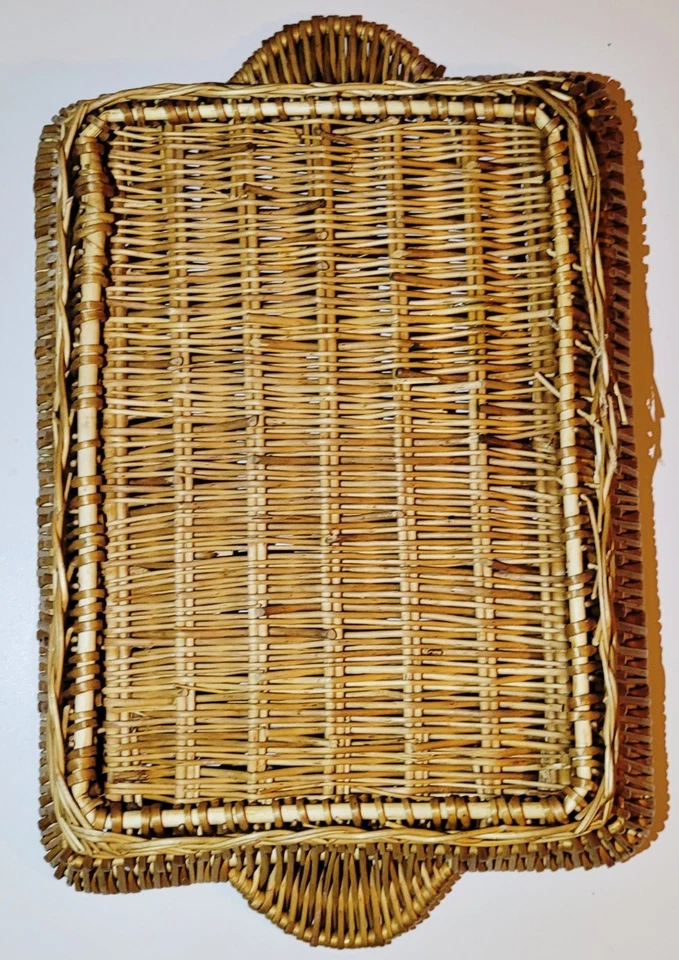 Vtg Rattan Wicker Basket Serving Tray Handles BOHO Decor Baskets 20"x13"x3" - Image 2 of 4