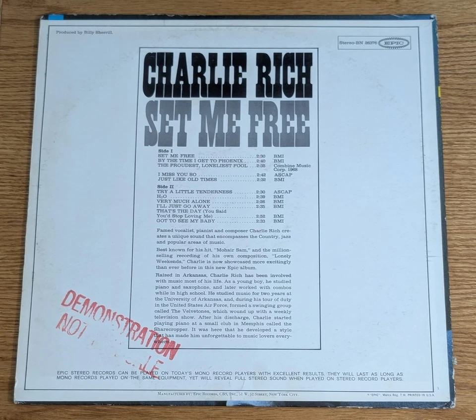 CHARLIE RICH – SET ME FREE -  VINYL LP - HC - Image 2 of 4