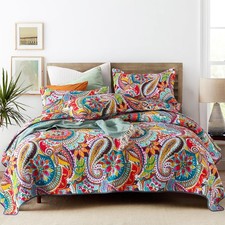 California King Quilt Set, Cotton Boho Paisley Bedspread with Pillow Shams, 3