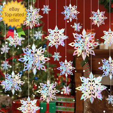 24PCS Snowflake Christmas Decorations 3D Large Iridescent Paper Snowflakes