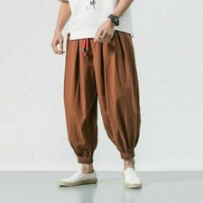 Herren Locker Baggy Harem Trousers Leinen Vintage Hose Schwarz