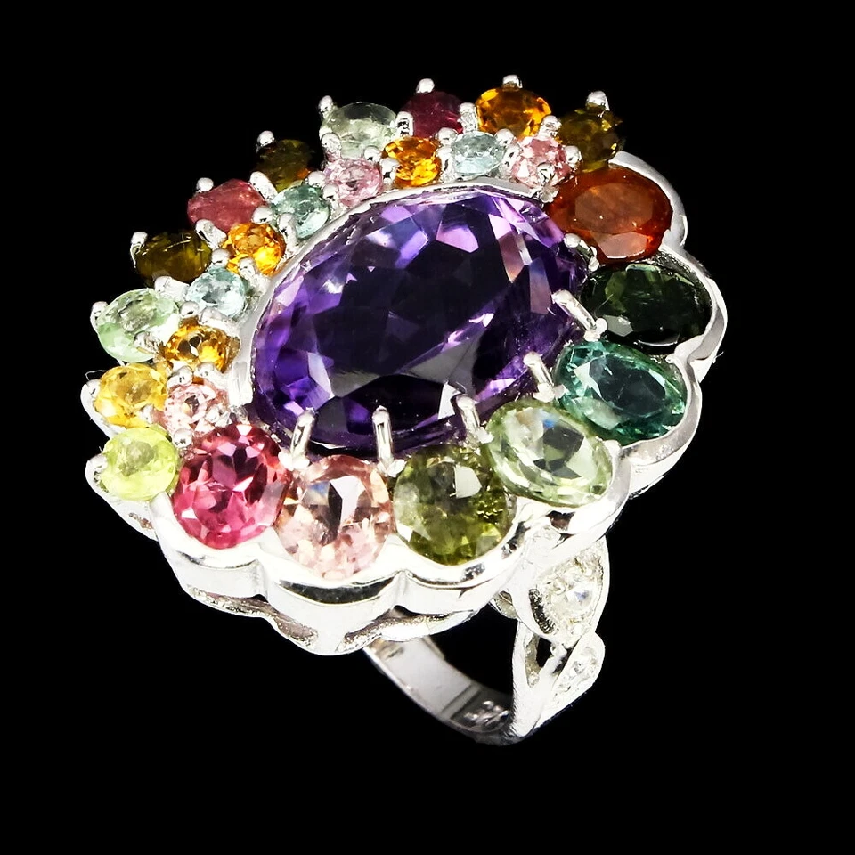 Anillo De Turmalina Y Amatista Natural SHOLA Talla 17,2 De Plata Esterlina R658 - Imagen 2 de 3