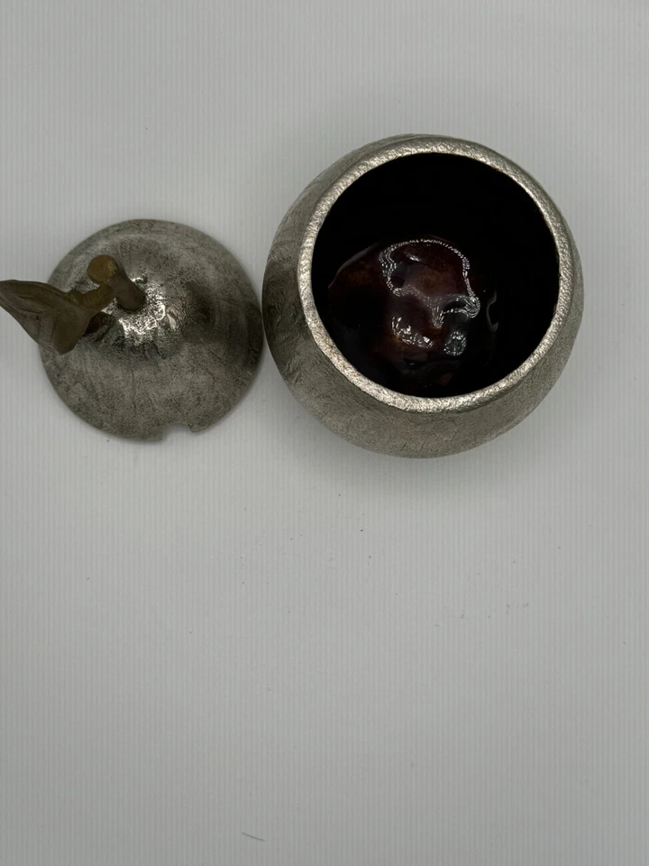 Discontinued Michael Aram Nickel Plated Pear Honey Pot Brass Leaf Brown Enamel - Image 3 of 4