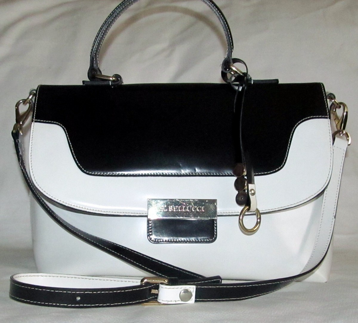 Bellucci Black White Italian Leather Large Satchel Shoulder Bag