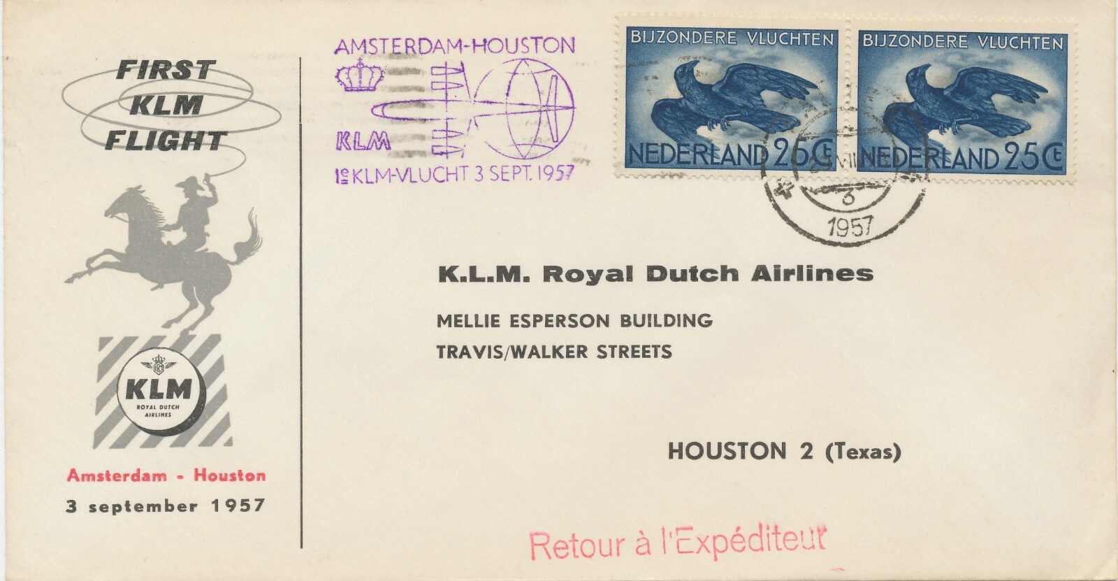 NETHERLANDS 1957 Cab. First Flight of KLM "AMSTERDAM - HOUSTON, USA", Few