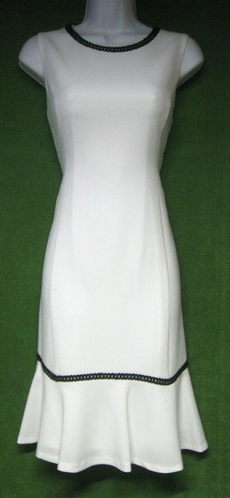 OFF WHITE Abito da tè sociale Karl Lagerfeld avorio crepe nero bordo intrecciato balza 4 $158