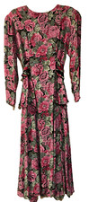Vintage Carole Little Floral Padded Puff Shoulders Long Slvs Peplum Dress READ