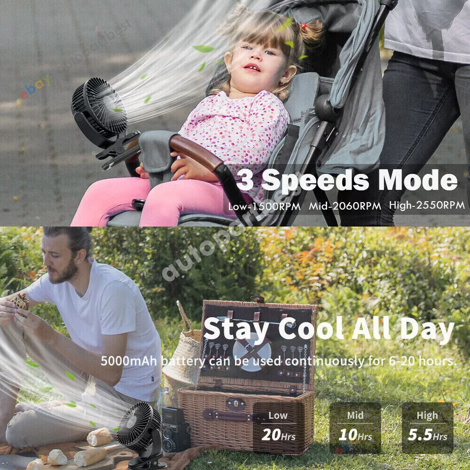 360° 5 inch 3 Speeds 5 Blade Desk Fan USB Quiet Cooling 5000mAh Clip on Portable - Image 3 of 4