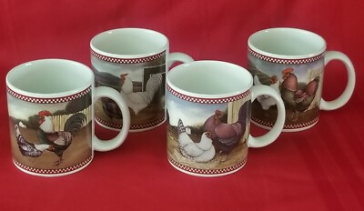 Vintage Noble Excellence Chicken Scratch Set of 4 Mugs Set Stoneware Rooster NEW
