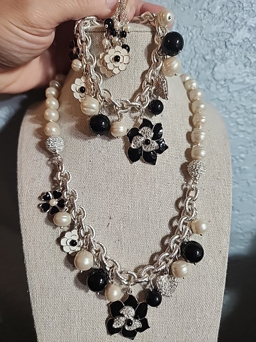 Carolee Faux Pearls Silver Tone Enamel Crystal Necklace Bracelet