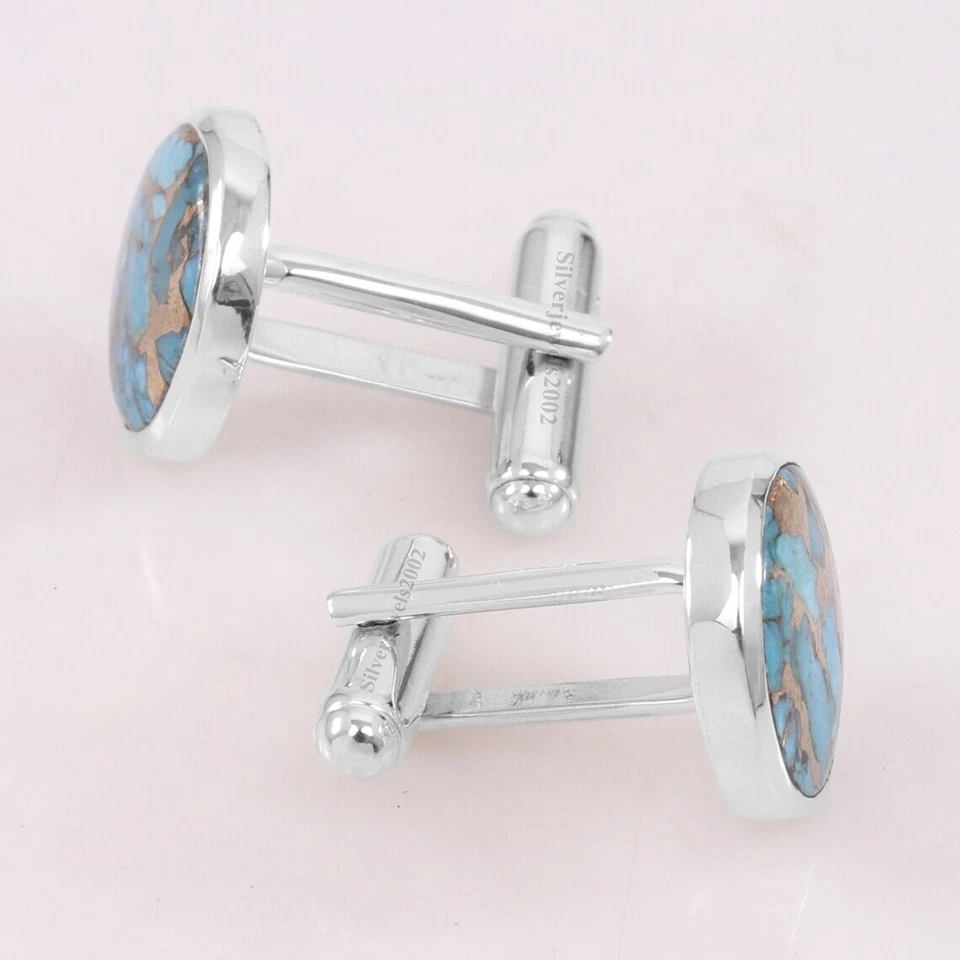 Amerikanisch Kupfer Türkis 925 Sterlingsilber Runde Manschettenknöpfe - Bild 4 von 4