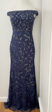 Xscape Off The Shoulder Beaded Lace Gown In  Navy Size 4