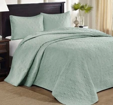 GREEN XXL BEDSPREAD 3pc Queen 102x118 MATELASSE SET : COTTON FILL QUILT SEAFOAM