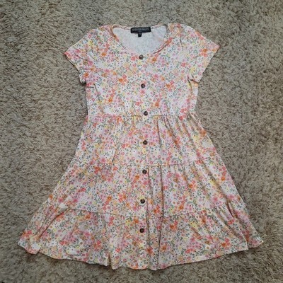 Three Pink Hearts Floral Dress Kids XL Pink Orange Tiered Button Front