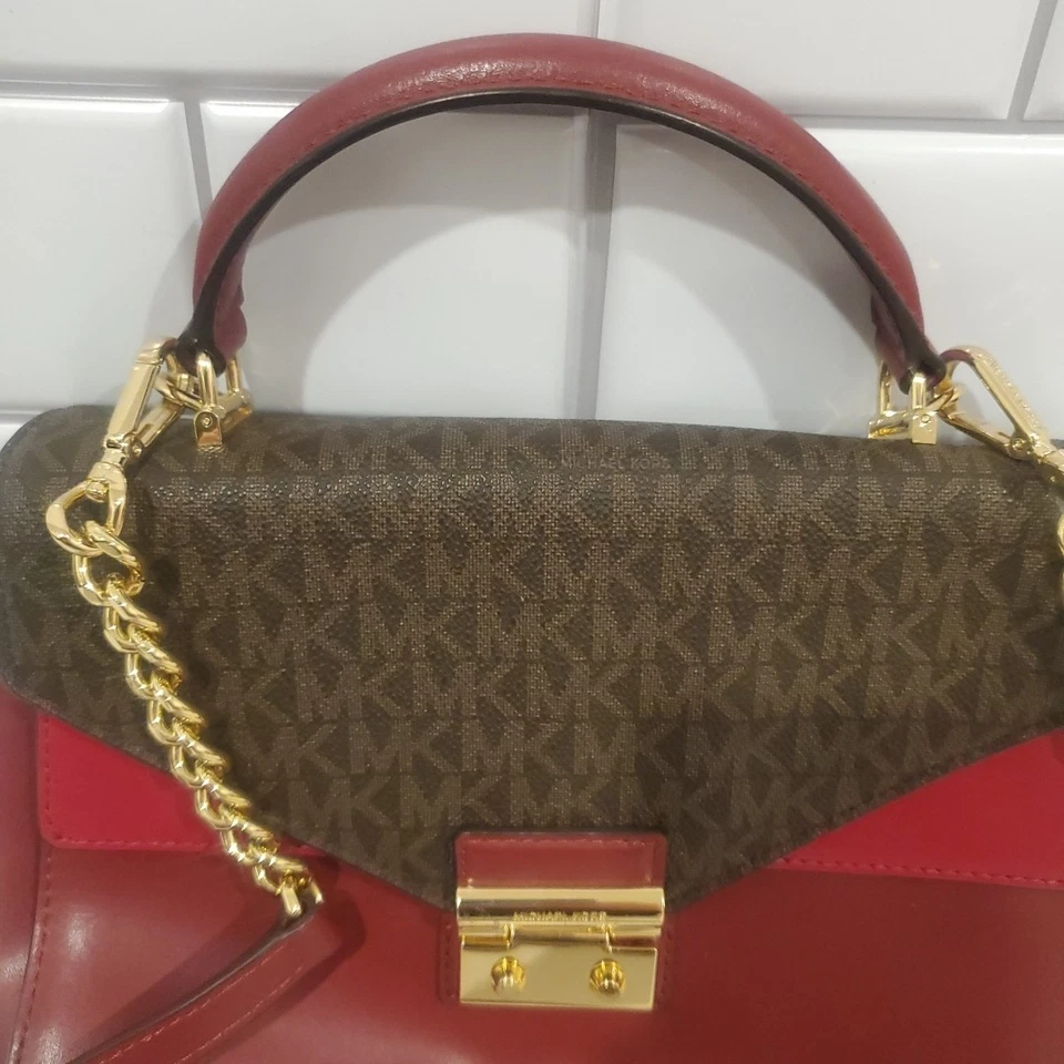 Michael Kors maroon color-block leather and logo satchel - Image 3 of 4