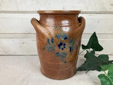 VTG 2 Handled Crock Blue Design Salt Glazed Primitive Country 8” Kitchen Decor