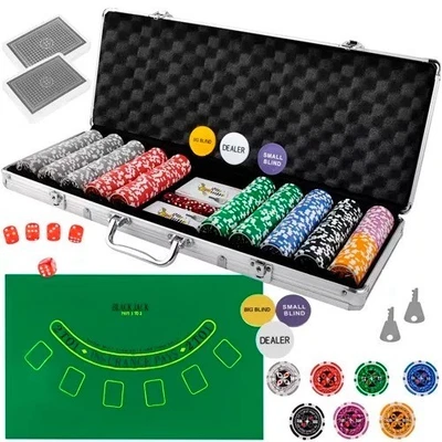 Poker Koffer Set 500 Chip Chips Aluminium 2 Decks Texas Hold'em Blackjack