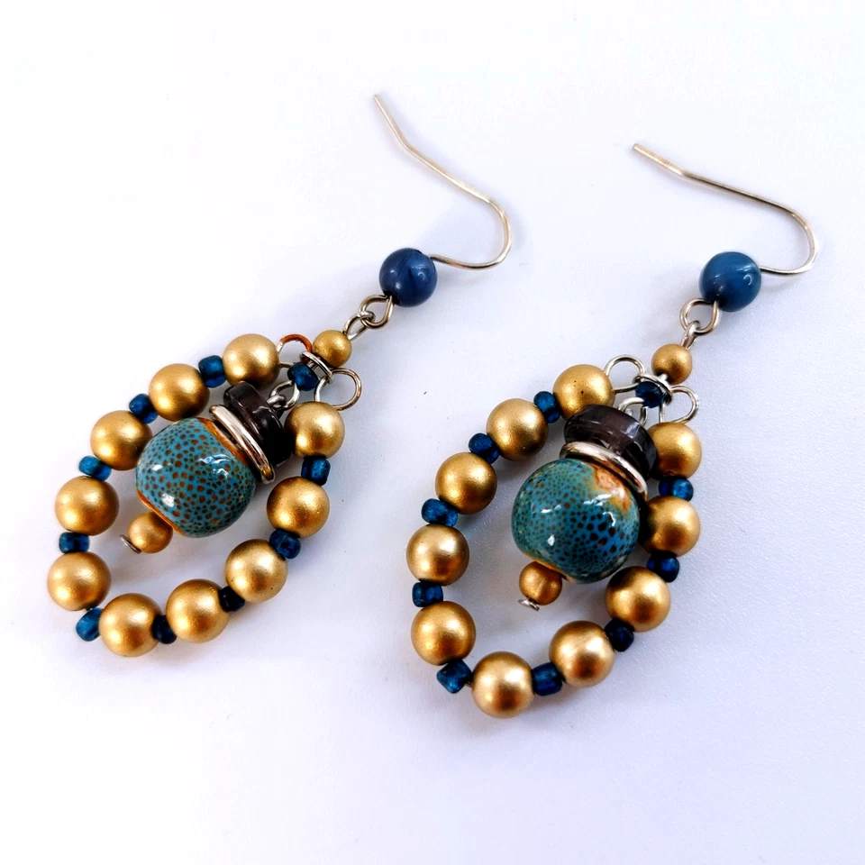 Pendientes colgantes de cuentas de oro bohemio turquesa cerámica gota anzuelo Foto 3 de 4