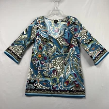 Nicole Miller Tunic Top Women Large Boho Boxy Colorful Artsy Lightweight Stretch