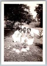 Vtg B&W Snapshot Group Smiling Outdoors Casual Dress 1940s