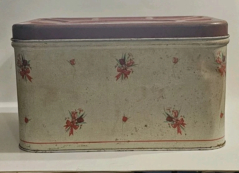 Vintage Distress National Can Co Metal Bread Box Hinged Red Lid Roses 1940-50s