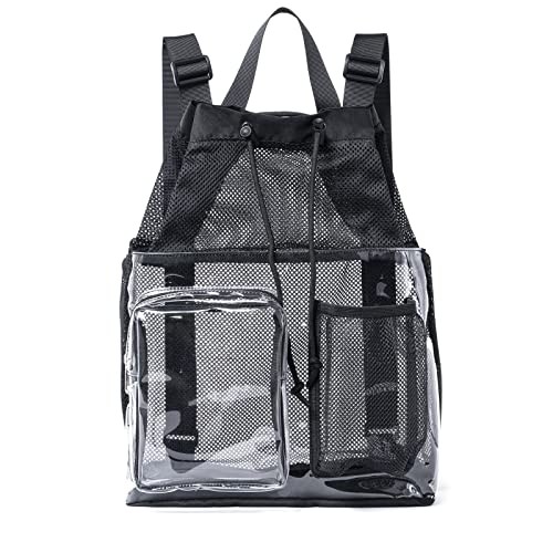 Clear Mesh Backpack for Beach Swimming Gym Travel, Drawstring Mesh Bag Black