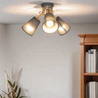Deckenlampe Holz Stoffschirm 3-Flammig E27 Grau Esstischleuchte Skandinavisch