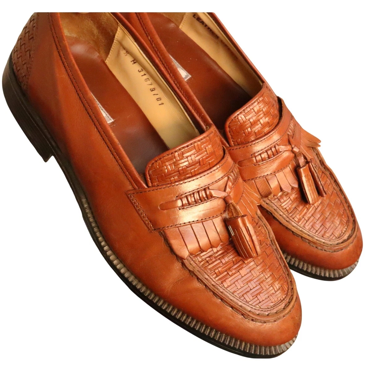 Stanley Blacker Resort Loafers Brown Leather Woven Tassel Moc Toe Shoes Men 8 M Stanley Blacker Handmade Italian Brown Leather Dress Shoes  main image 4