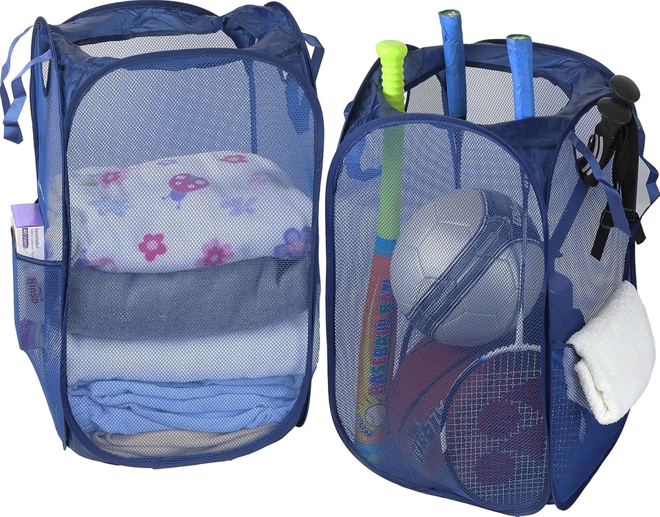 Mesh Pop-Up Laundry Hamper Basket with Side Pocket, Dark Blue - 2 Pack - Image 2 of 4