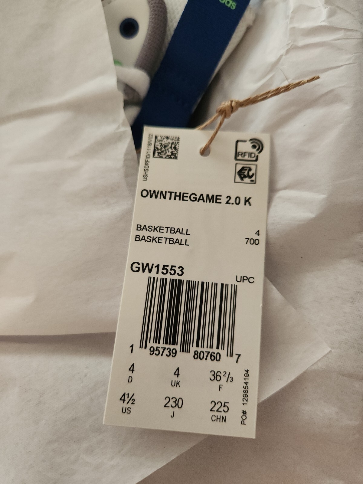 Adidas OwnTheGame 2.0K Basketball Shoes White/Aqua/Blue KIDS Size 4.5