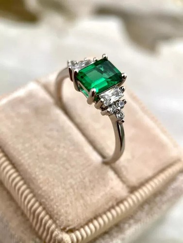 Certified Natural 3ct Green Emerald Solid 14K White Gold Ring For Birthday Gift - Picture 2 of 8