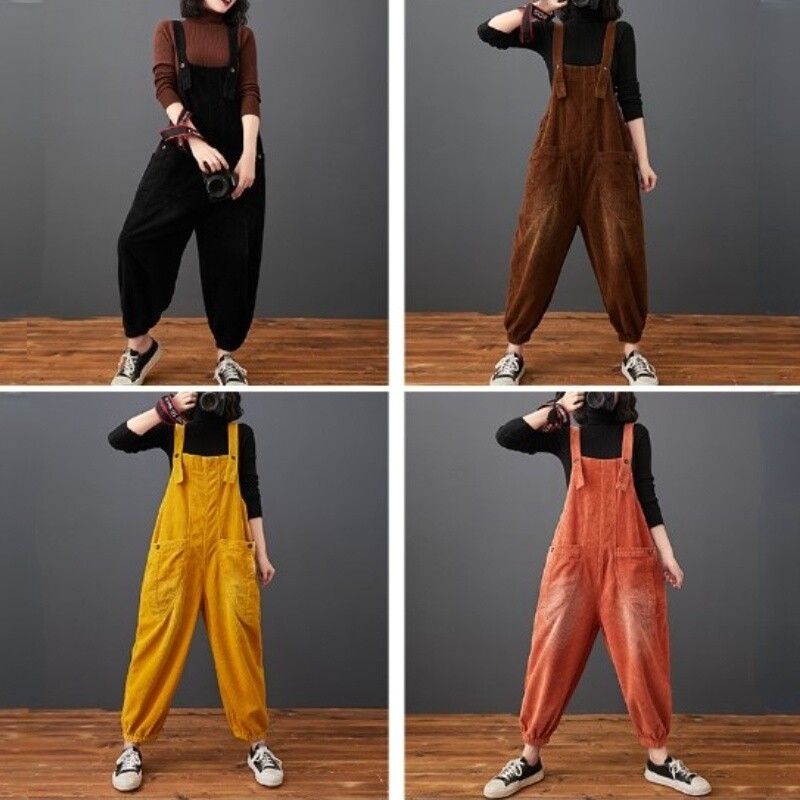 Donna Velluto a Coste Salopette Lanterna Pantaloni Tuta Larghi