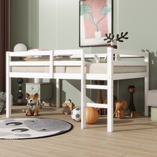 Full Size Loft Bed Frame Wood Bed Frame with Ladder for Bedroom White/Gray US