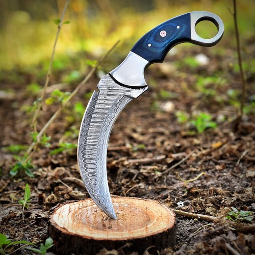 Damascus Steel Curved Blade Knife with Wood Handle, Tactical Outdoor Knife - Picture 7 of 8